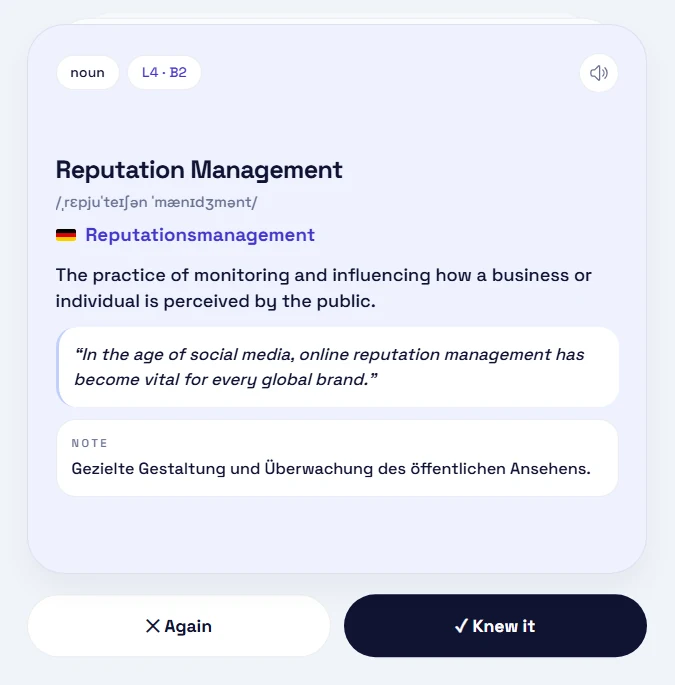 Flashcard back: Reputation Management with the German term Reputationsmanagement, a definition, an example sentence and a German usage note