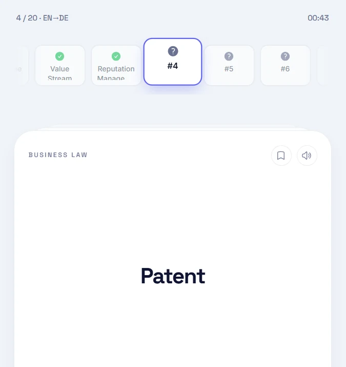 Flashcard front showing the term Patent, with the session timeline above it